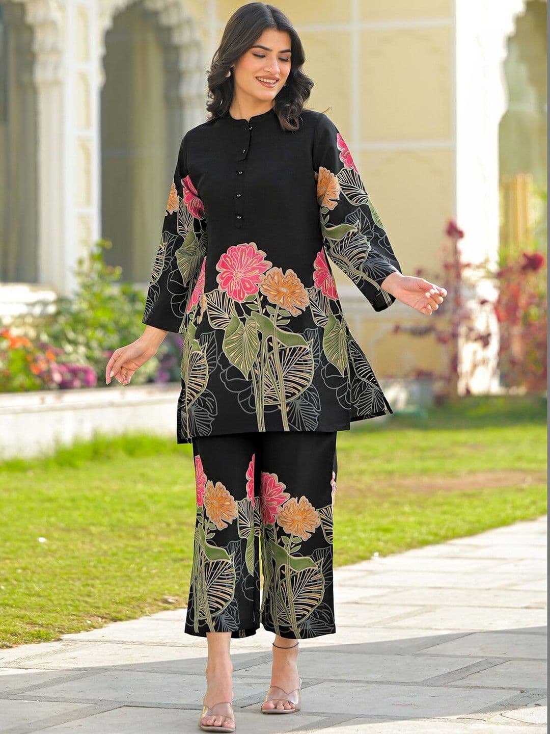 SKYLEE Foil Printed Black Silk Co Ords for Women - view 1