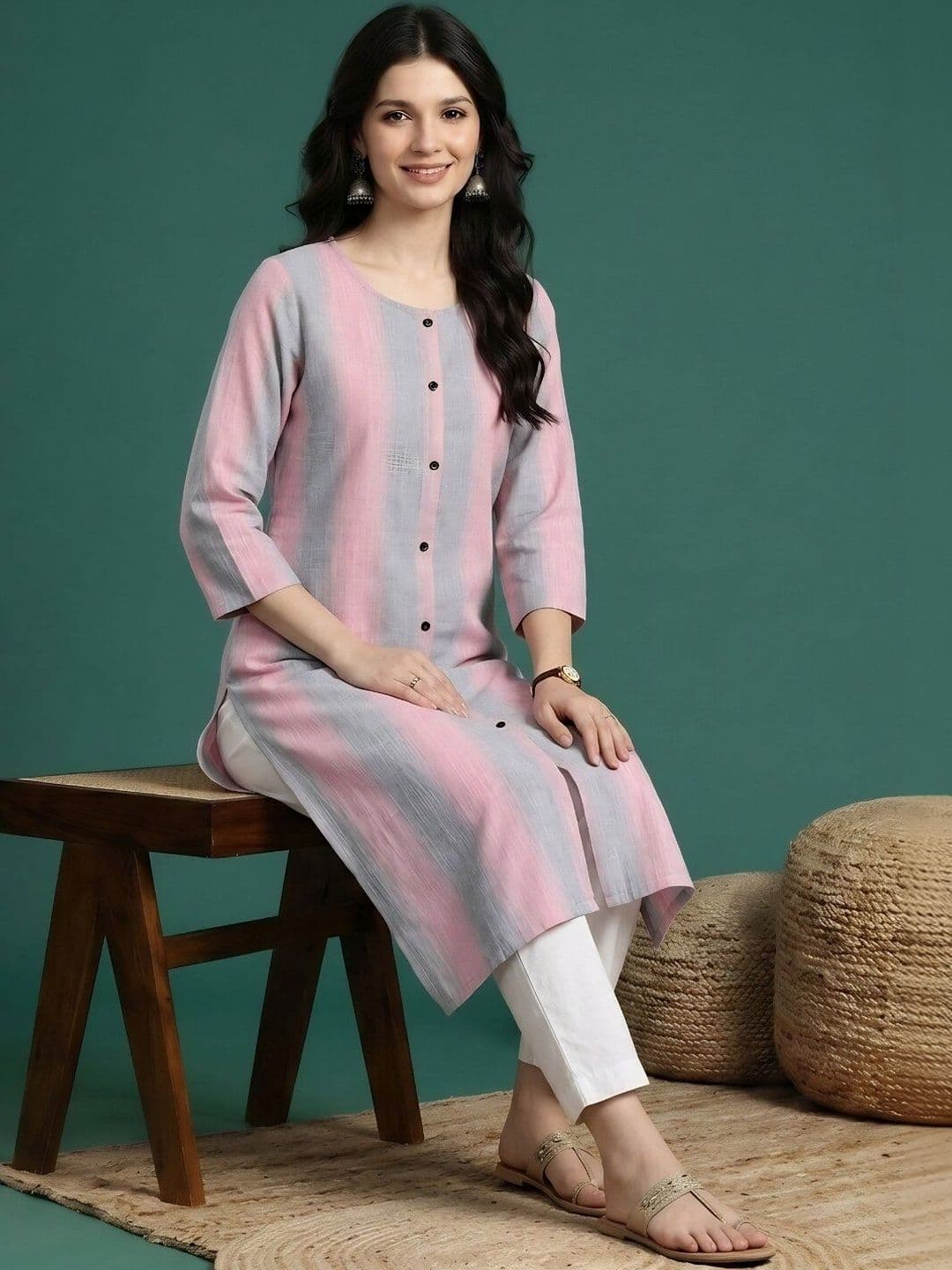Sangria Striped Round Neck Calf Length Straight Kurtas thumbnail 2