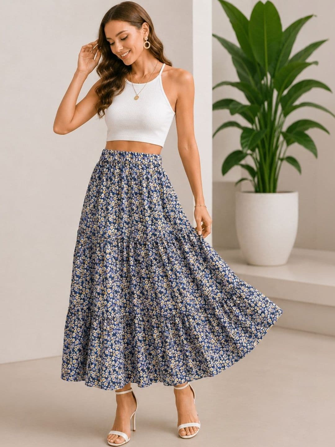AmorLuxe Women Crepe Floral Micro or Ditsy Print Midi A-Line Skirt - view 1
