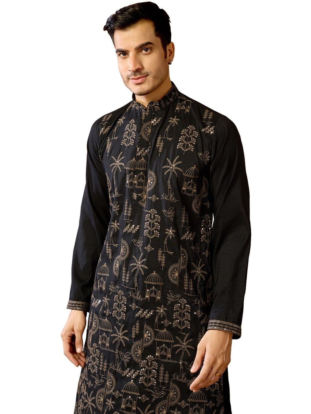 House of Pataudi Embroidered Cotton Mandarin Collar Knee Length Straight Kurta thumbnail 2
