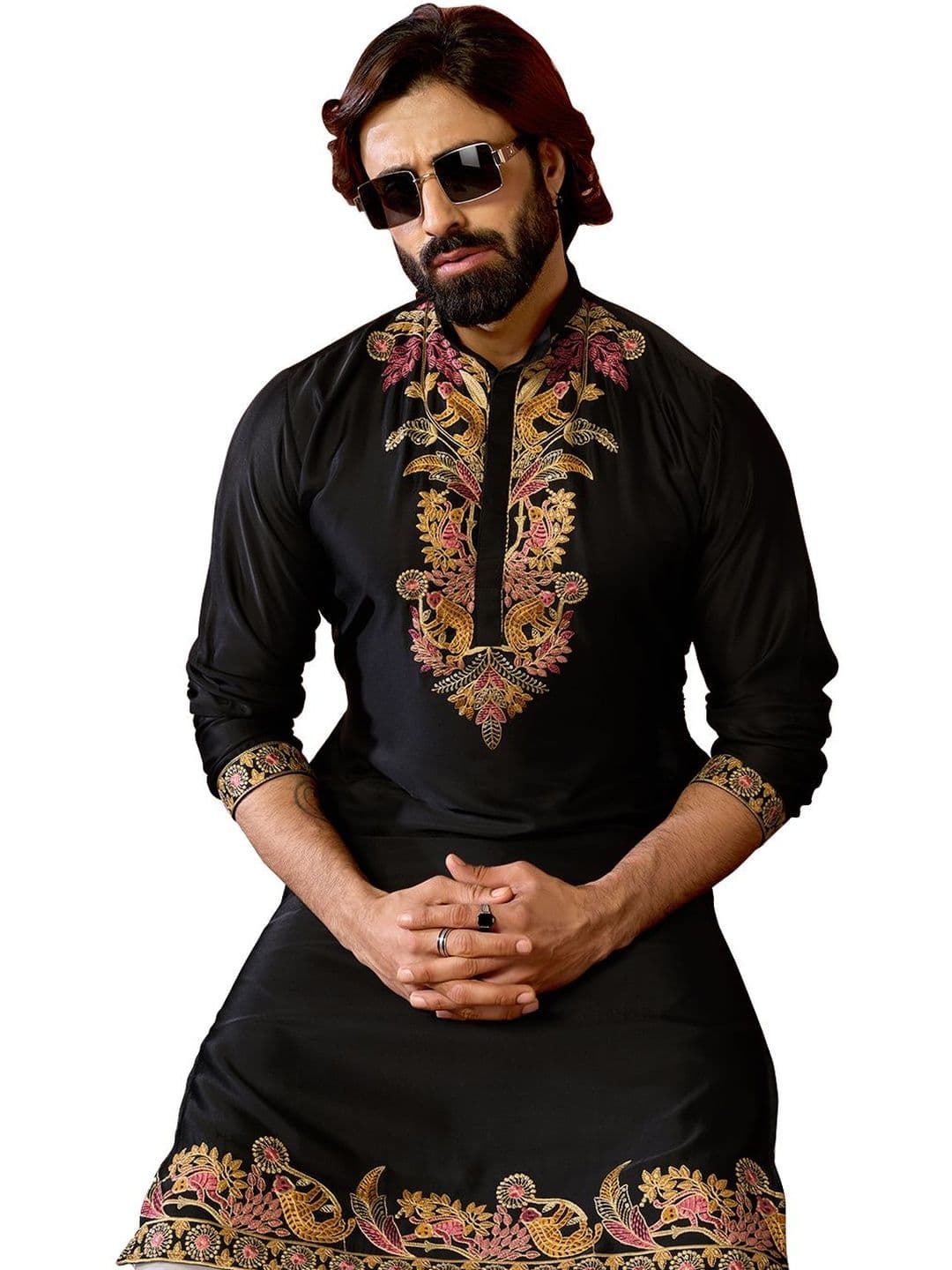 House of Pataudi Embroidered Cotton Mandarin Collar Knee Length Straight Kurta thumbnail 3