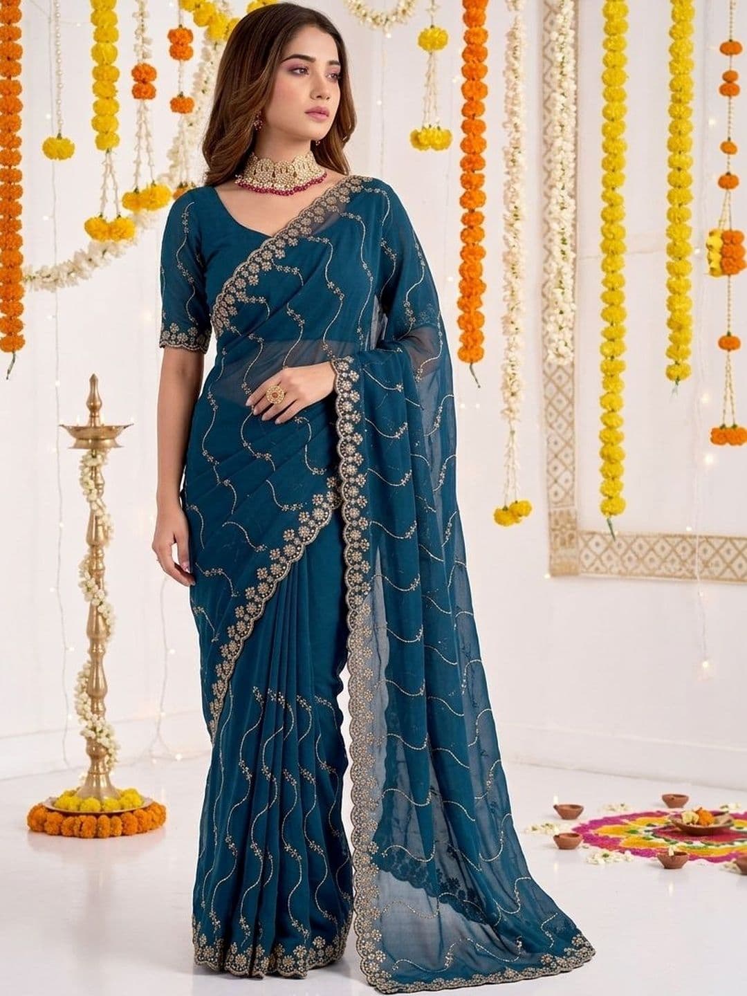 all about you Embellished Embroidered Poly Georgette Heavy Work Saree thumbnail 6