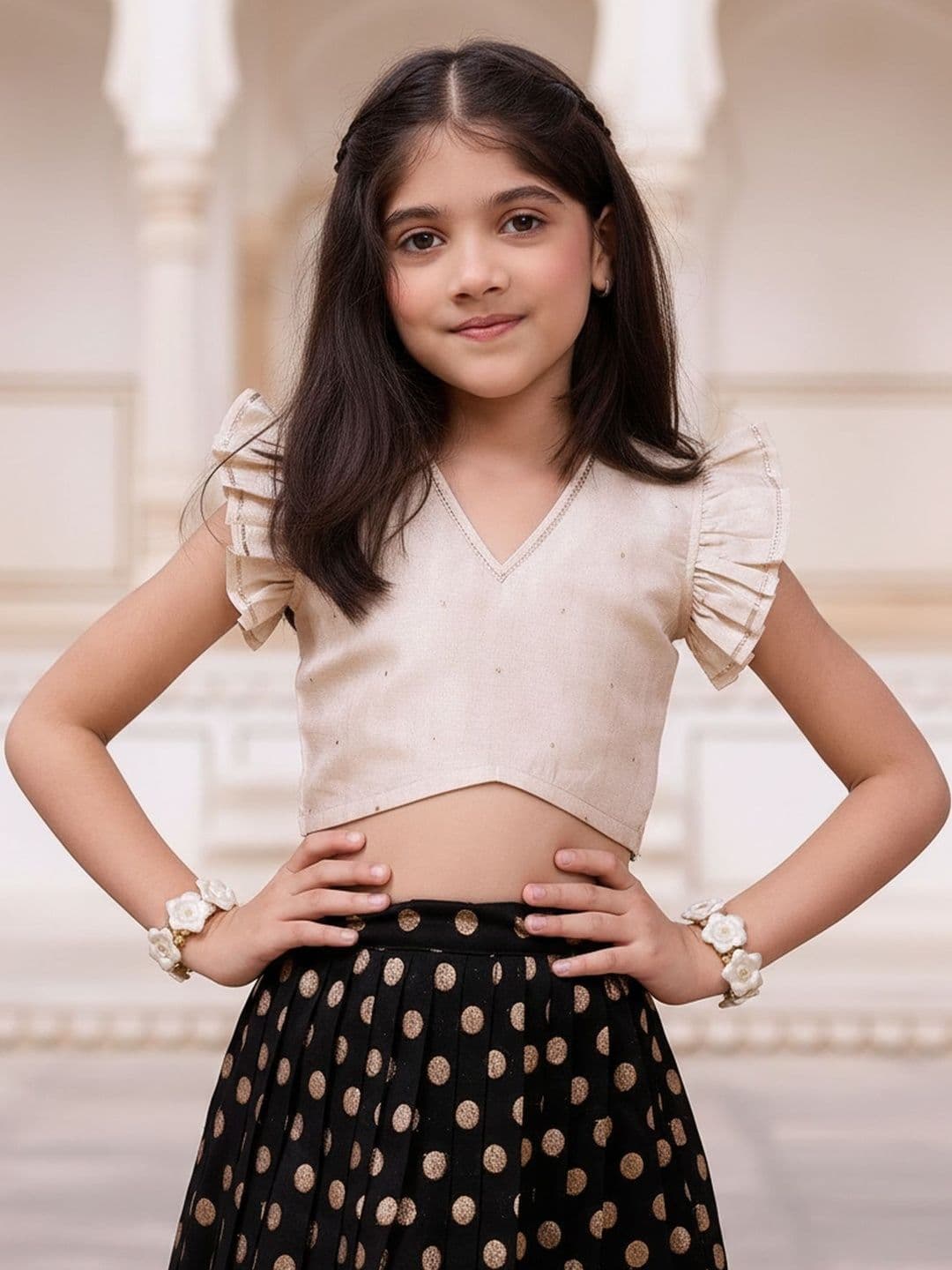 KALANANDI Girls Embellished Foil Print Ready to Wear Lehenga & thumbnail 3