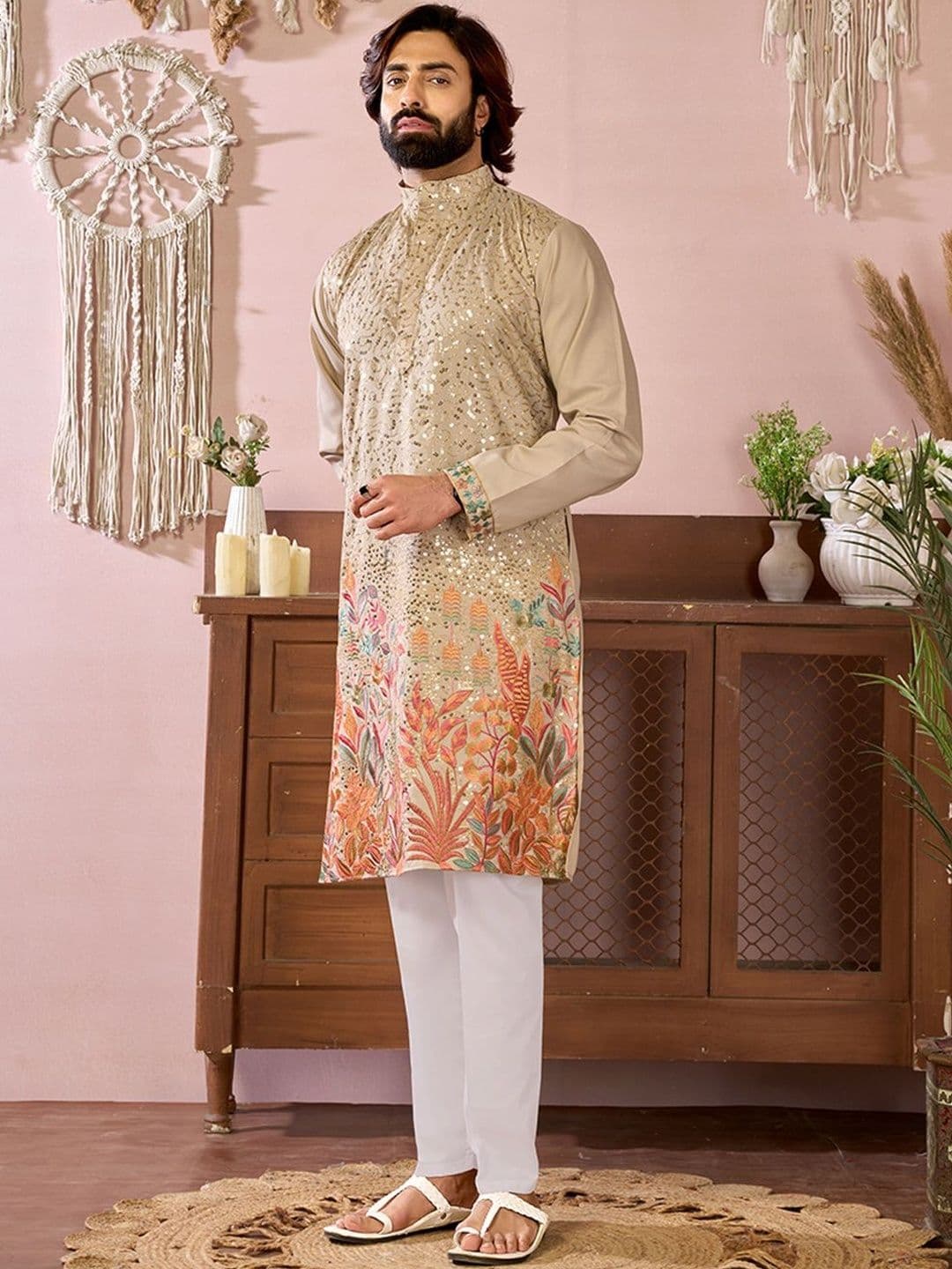 House of Pataudi Men Embroidered Cotton Mandarin Collar Straight Kurtas - view 1