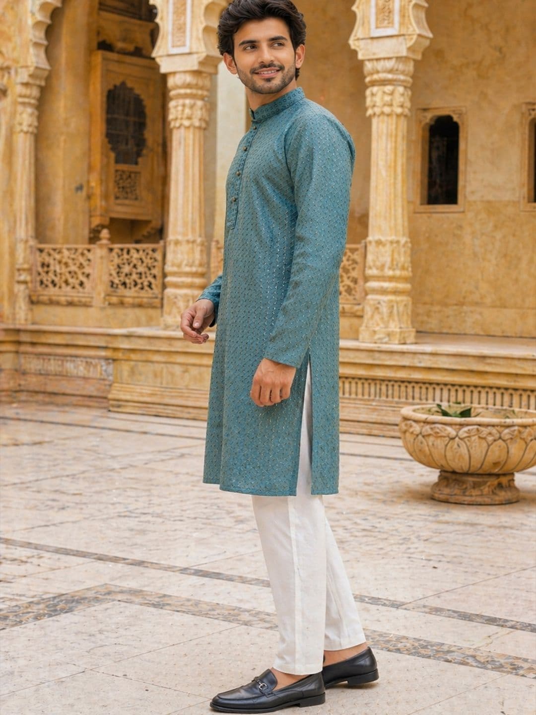 HERE&NOW Men Geometric Embroidered Chikankari Kurta thumbnail 3