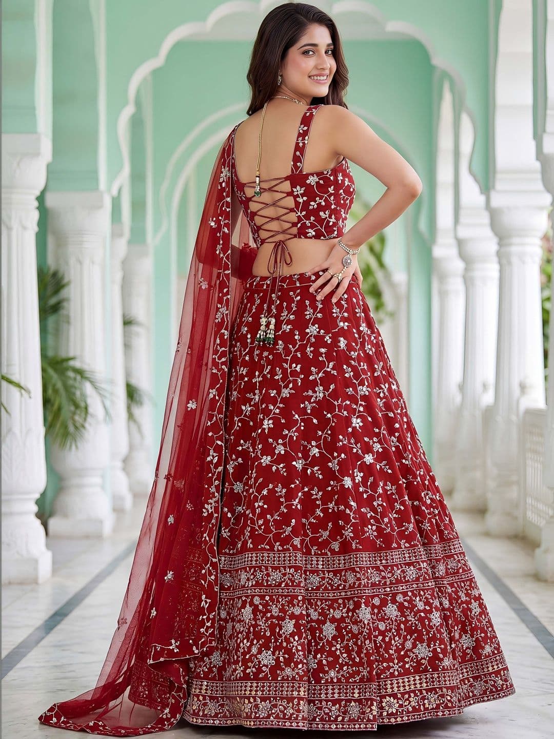 ETHNIC PLUS Red Embroidered Sequinned Ready to Wear Georgette Lehenga & Blouse With Dupatta thumbnail 3
