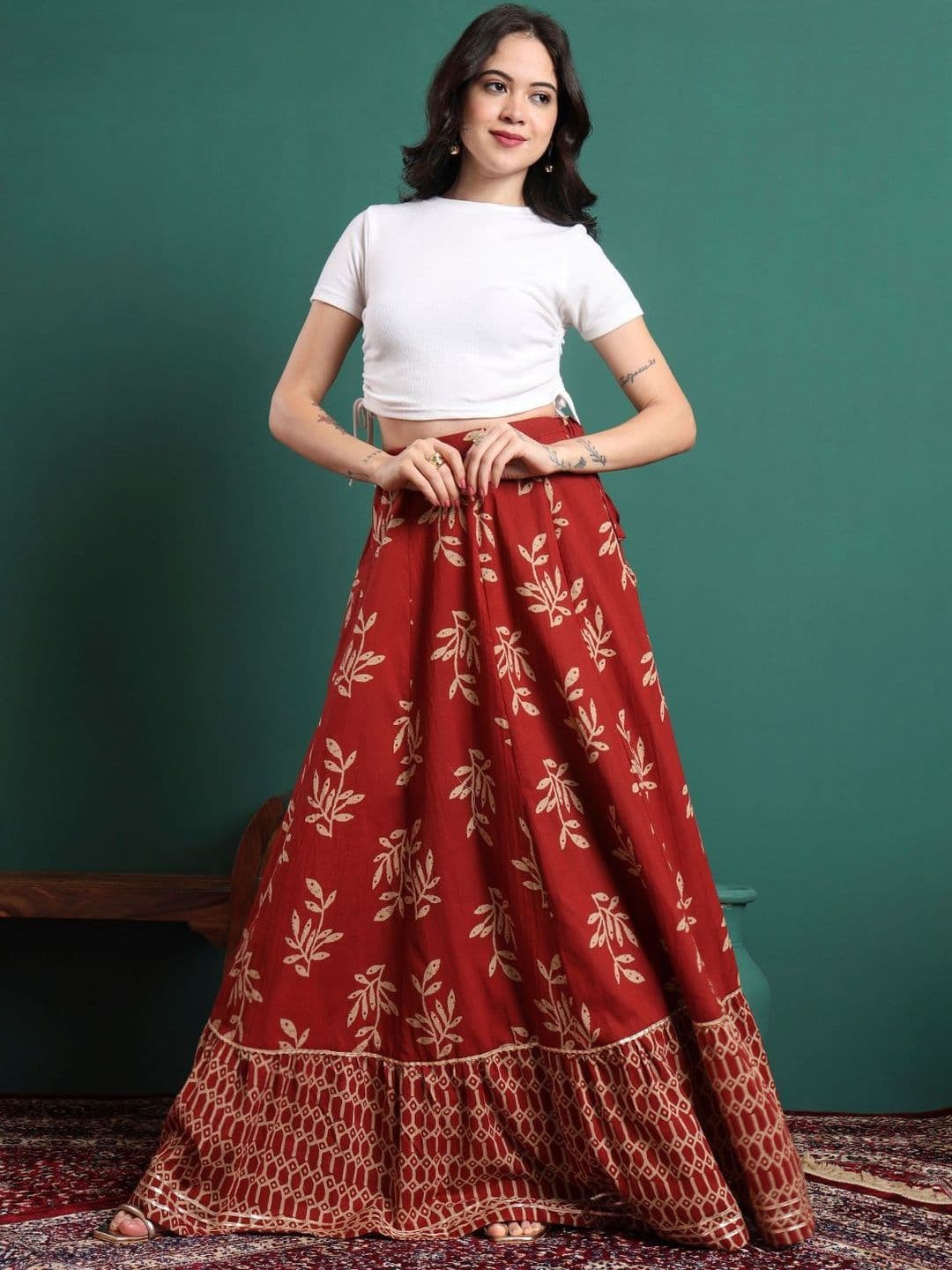 Sangria Women Cotton Cotton Cambric Floral Maxi Flared Skirt thumbnail 6