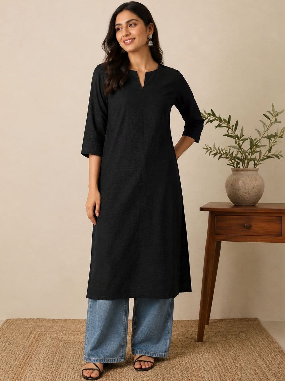 swingal Women Black Pure Cotton Solid Straight Kurta - view 1