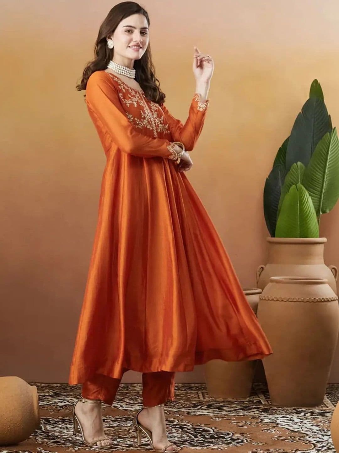 HERE&NOW Women Ethnic Motifs Embroidered Empire Thread Work Kurta with Trousers & With Dupatta thumbnail 5
