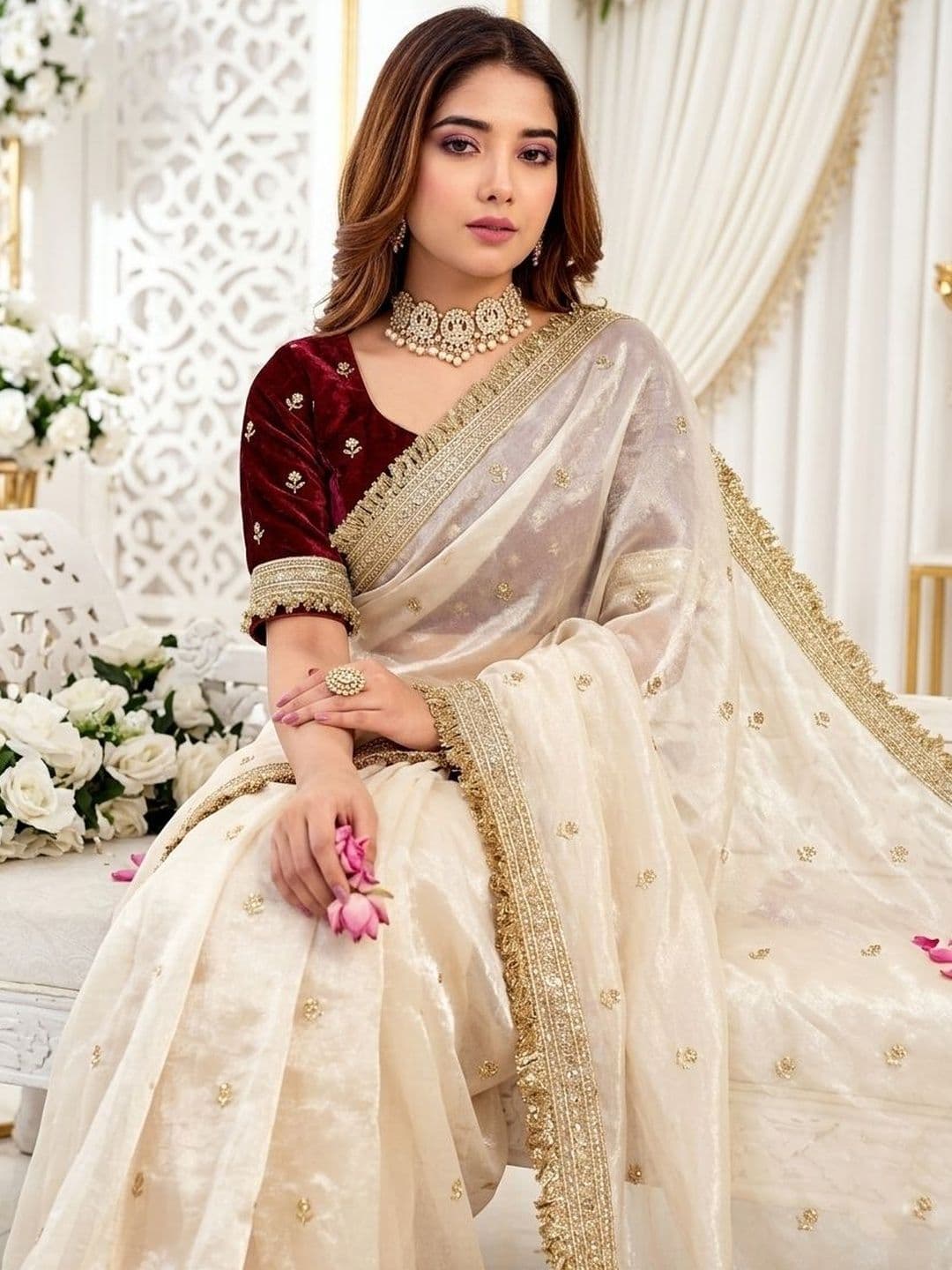 KALINI Embellished Zari Satin Heavy Work Saree thumbnail 2
