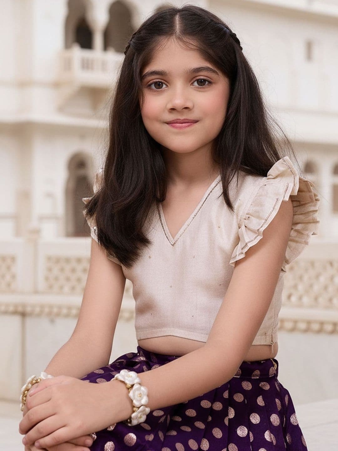 KALANANDI Girls Embellished Foil Print Ready to Wear Lehenga & thumbnail 4