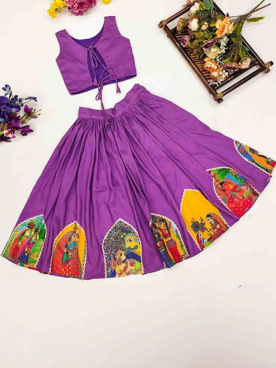 RJ ONLINE Girls Printed Thread Work Semi-Stitched Lehenga & thumbnail 2
