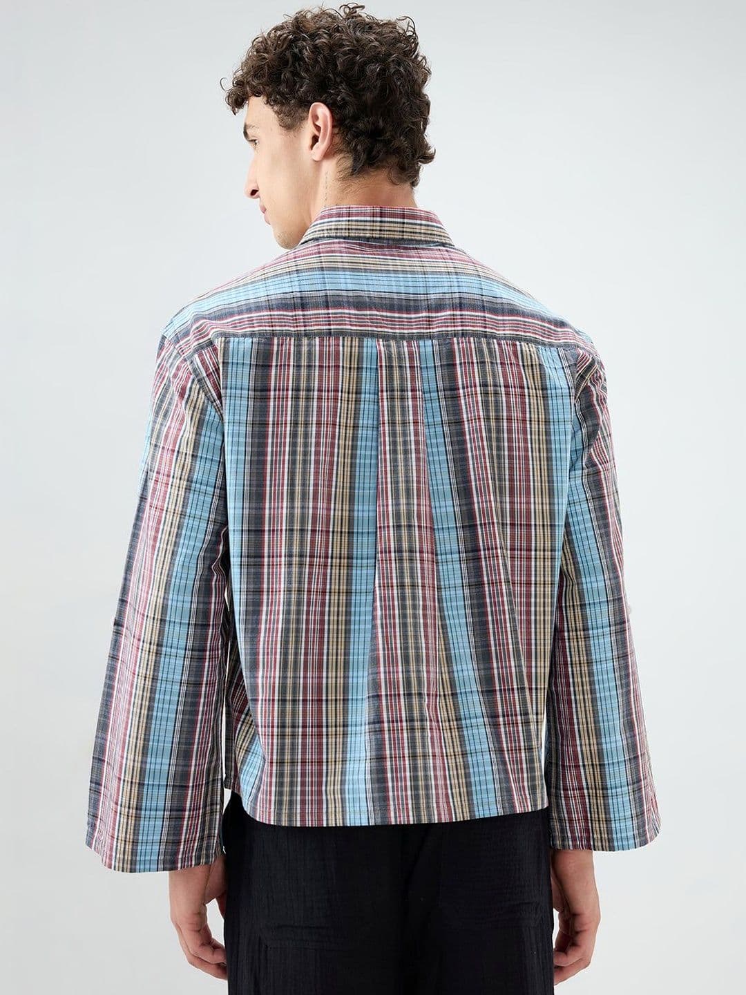 VASTRADO Multi Stripe Fusion Checks Cuffless Oversized Crop Shirt thumbnail 2