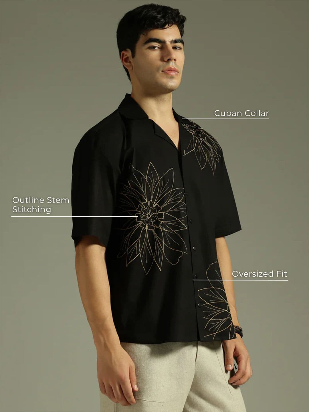 DENNISON Relaxed Fit Floral Embroidered Drop-Shoulder Sleeves Oversized Cotton Shirt thumbnail 4