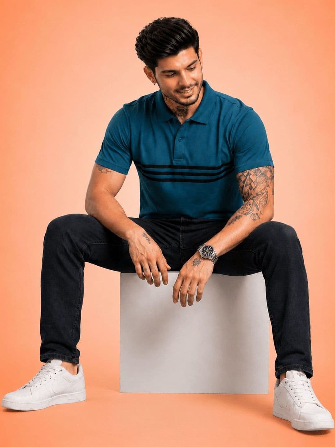 HERE&NOW Men Striped Polo Collar T-shirt - view 1