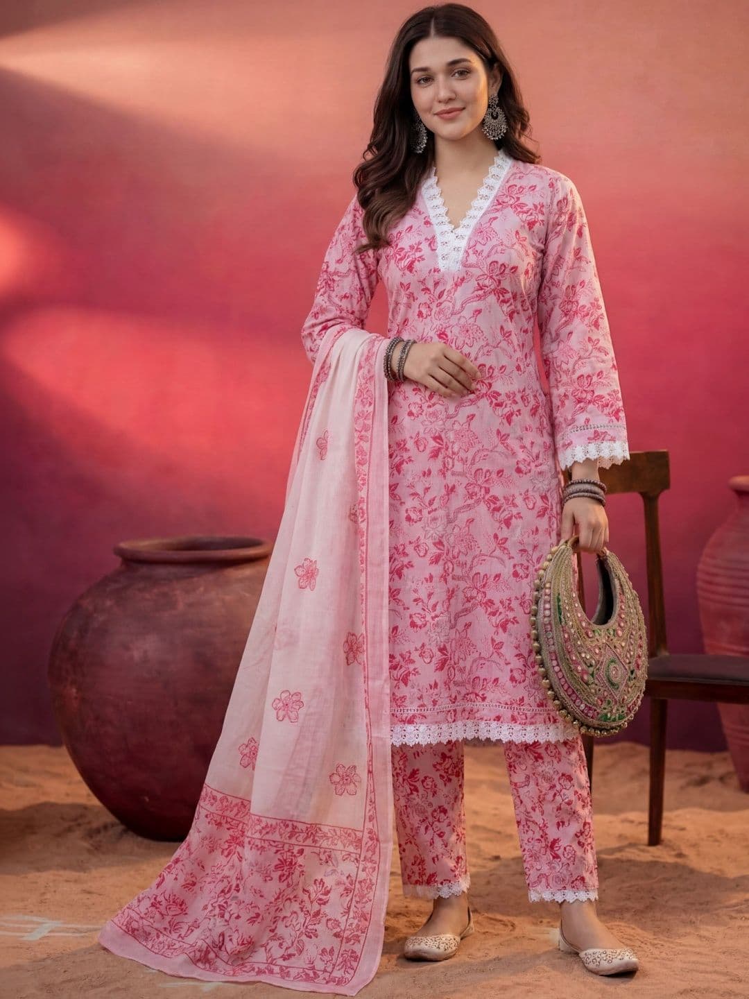 Sangria Printed Pure Cotton V-Neck Kurta & Trousers With Dupatta thumbnail 3