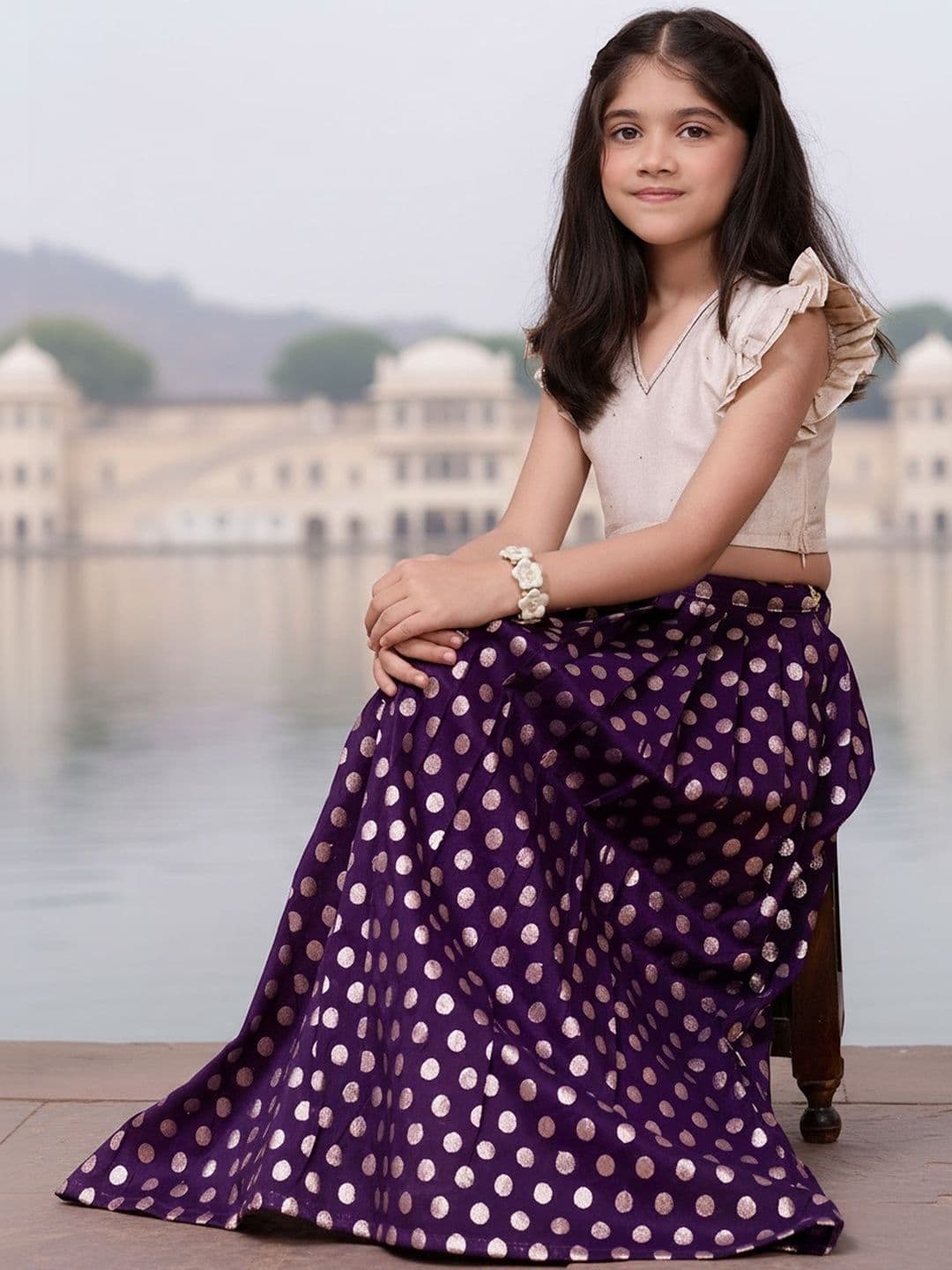 KALANANDI Girls Embellished Foil Print Ready to Wear Lehenga & thumbnail 3