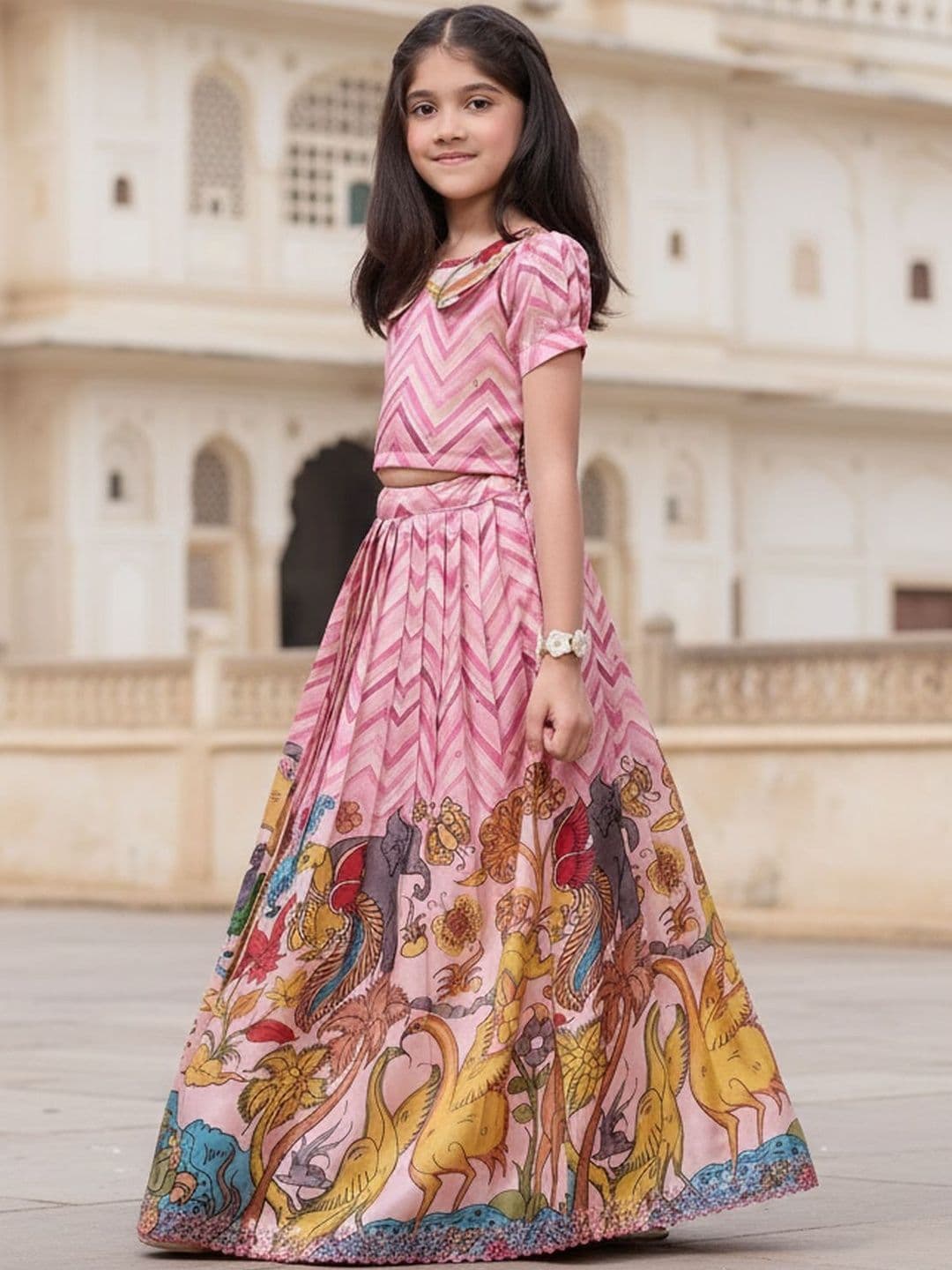KALANANDI Girls Printed Thread Work Ready to Wear Lehenga & thumbnail 5