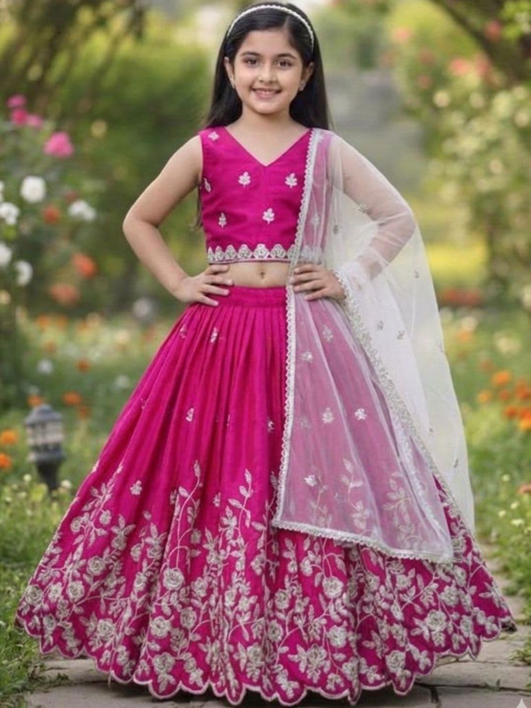 RJ ONLINE Girls Embellished Thread Work Tie and Dye Ready to Wear Lehenga & Blouse With Dupatta - view 1