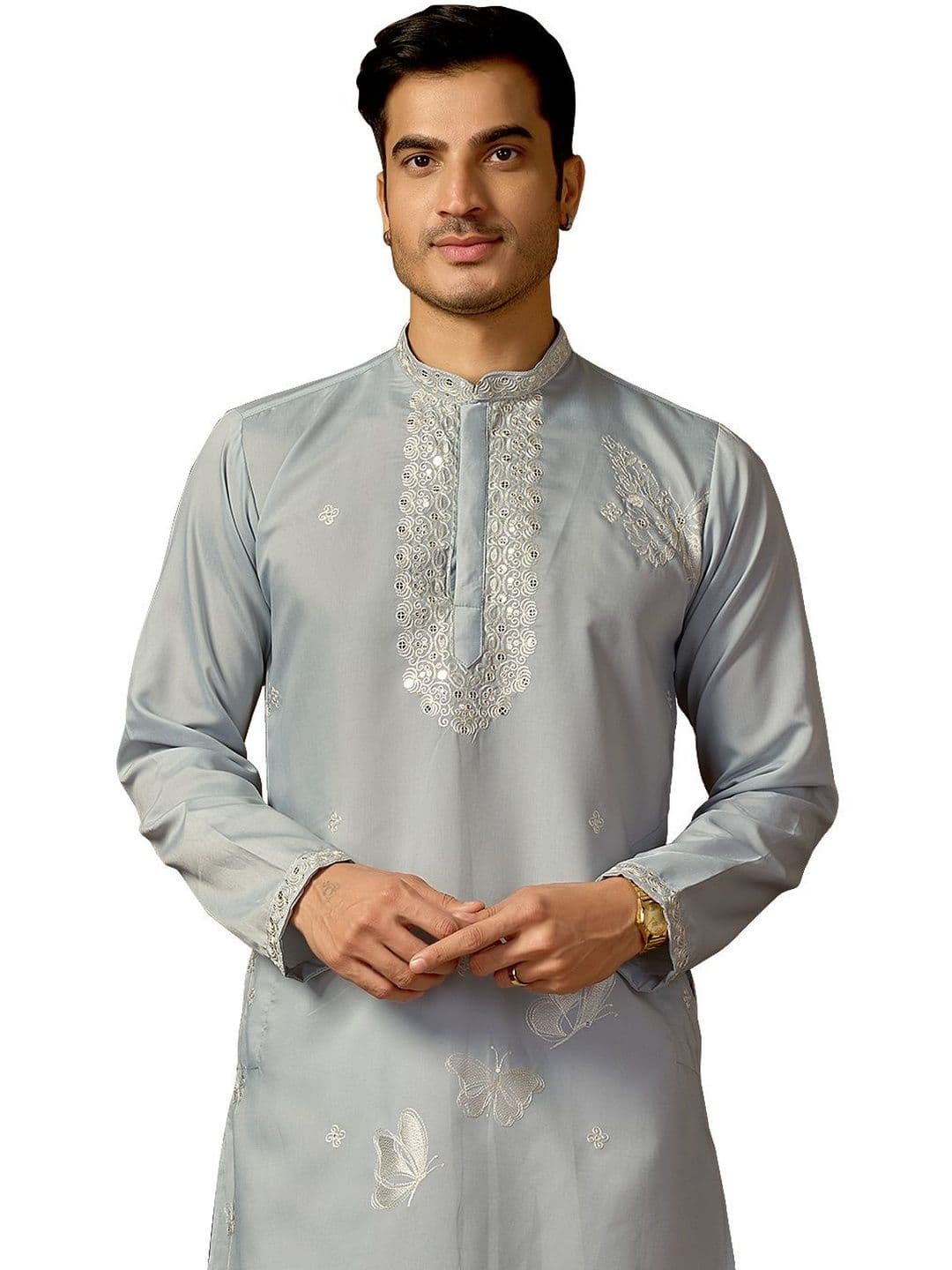House of Pataudi Embroidered Cotton Mandarin Collar Knee Length Straight Kurtas thumbnail 6