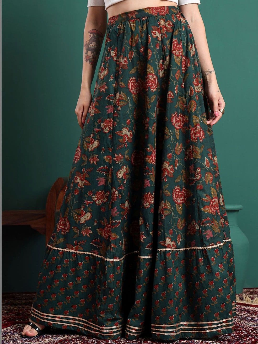 Sangria Women Cotton Floral Maxi Flared Skirt - view 1