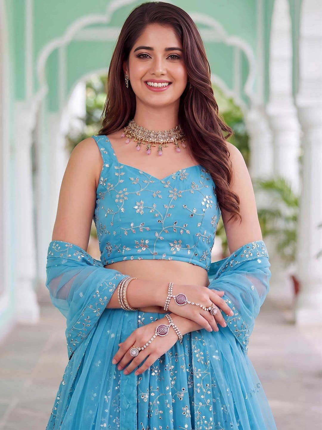ETHNIC PLUS Embellished Sequinned Semi-Stitched Lehenga & Blouse With Dupatta thumbnail 2