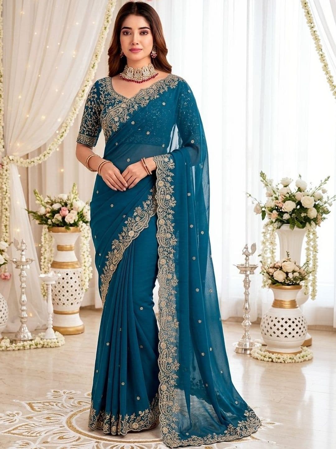 KALINI Embellished Embroidered Poly Georgette Heavy Work Saree - view 1
