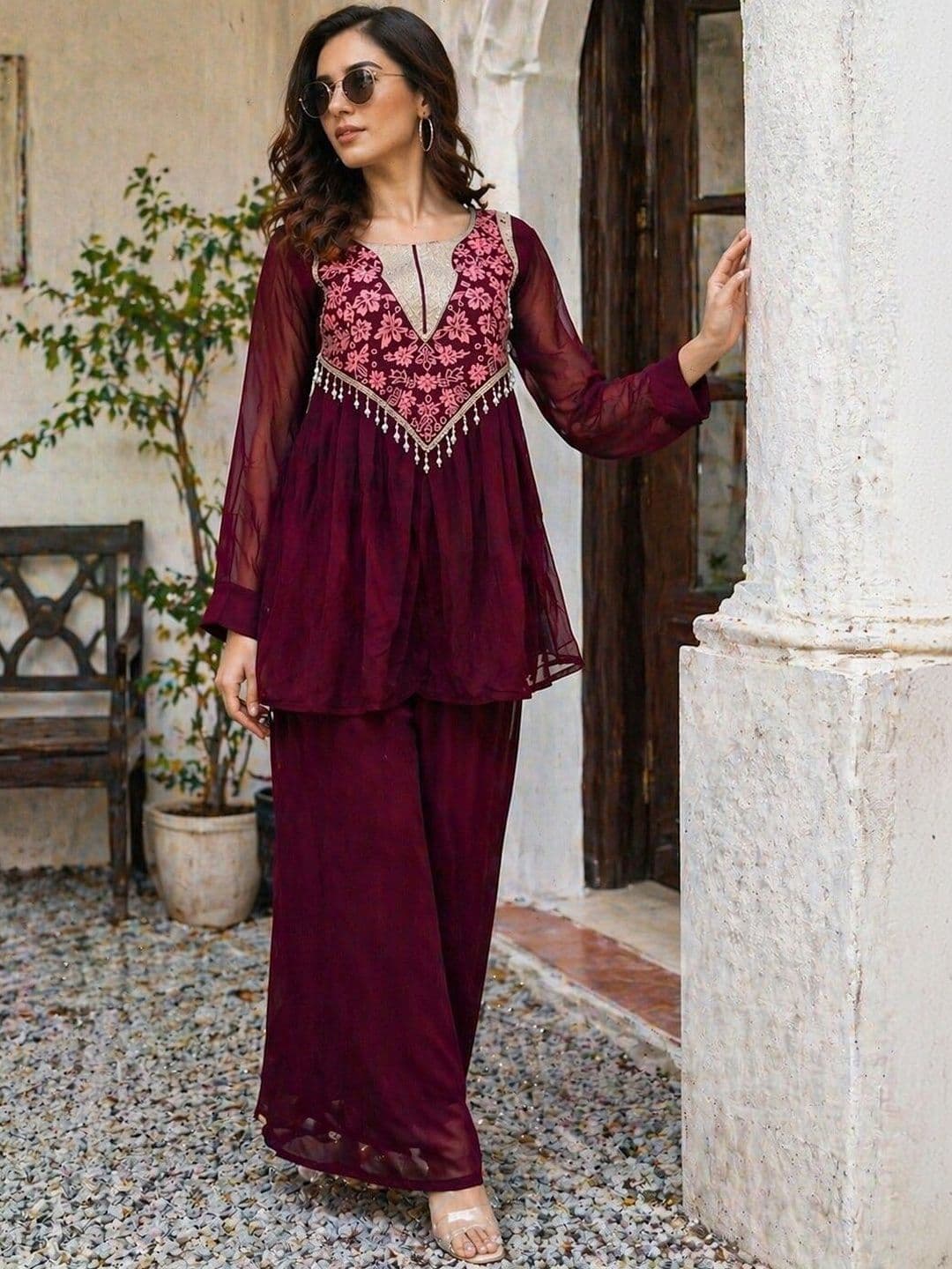 PRIMESKY Women Floral Embroidered Empire Thread Work Silk Georgette Kurti with Palazzos - view 1