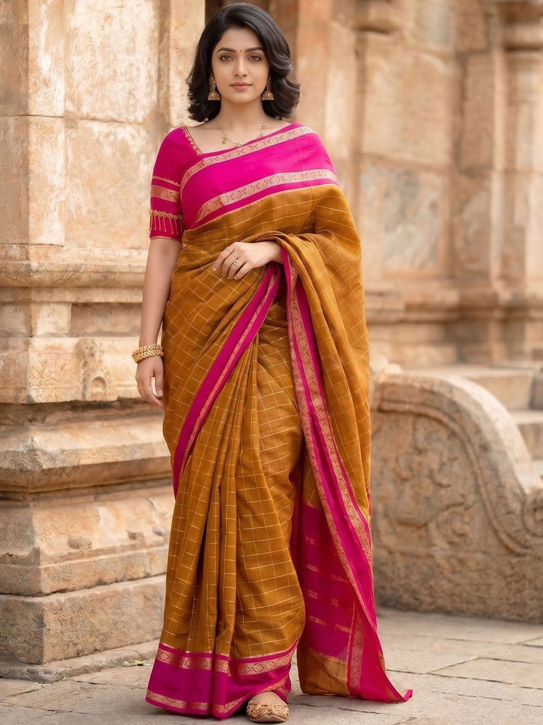 Mitera Checked Silk Blend Handloom Banarasi Saree - view 1