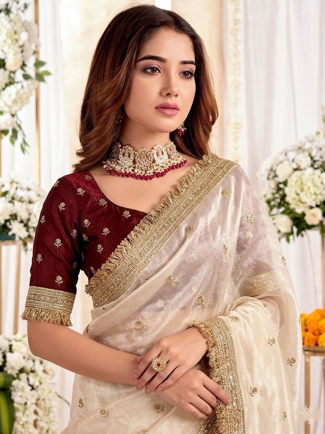 KALINI Embellished Zari Satin Heavy Work Saree thumbnail 5