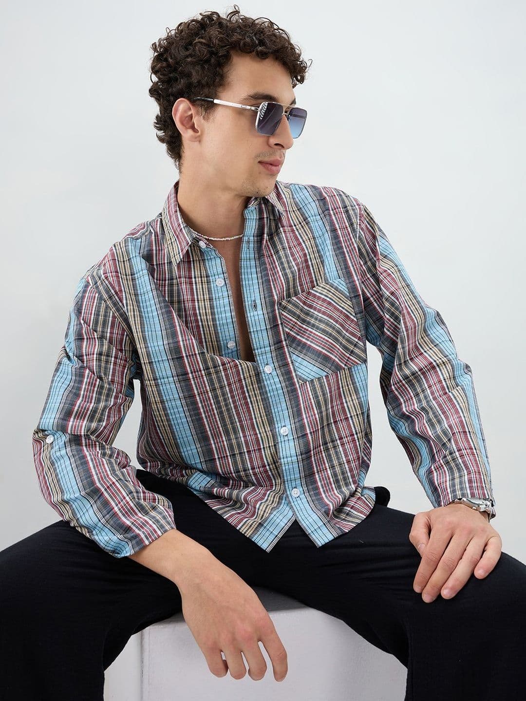 VASTRADO Multi Stripe Fusion Checks Cuffless Oversized Crop Shirt thumbnail 4