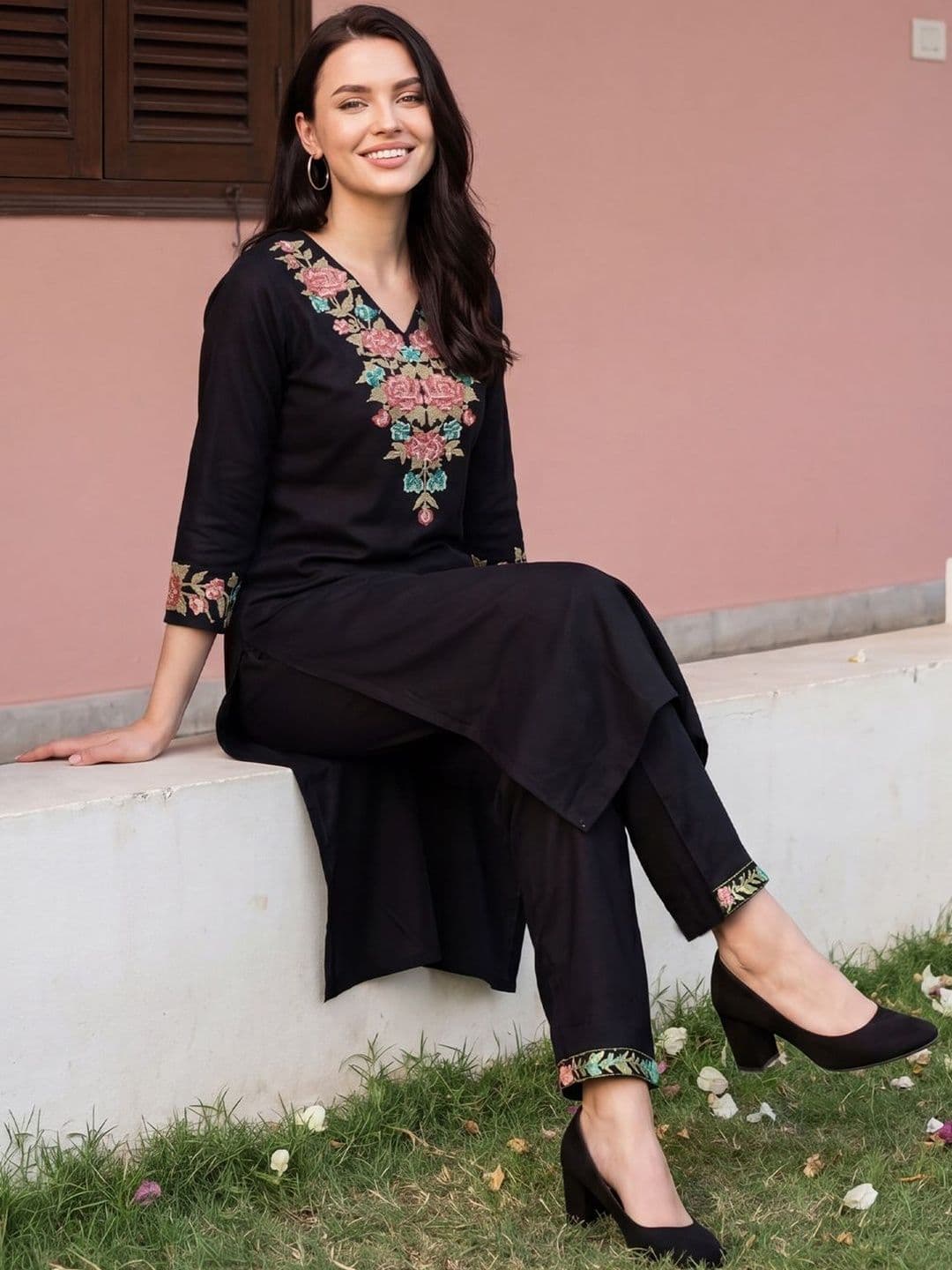 Indo Era Women Floral Embroidered Regular Thread Work Kurta with Trousers - view 1