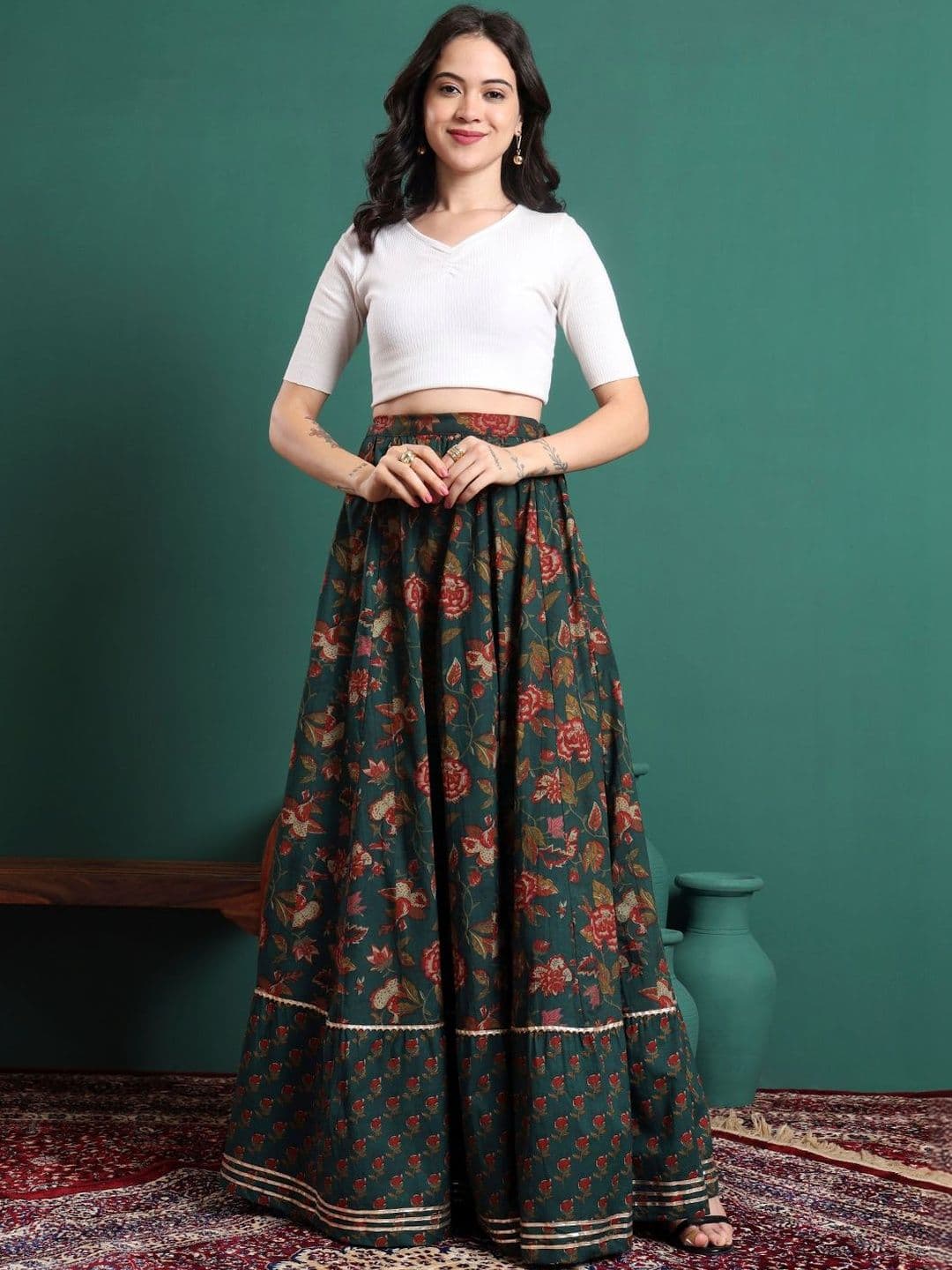 Sangria Women Cotton Floral Maxi Flared Skirt thumbnail 4