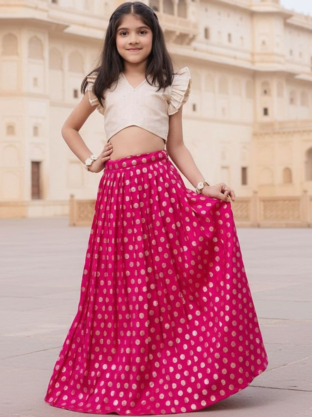 KALANANDI Girls Embellished Foil Print Ready to Wear Lehenga & thumbnail 5