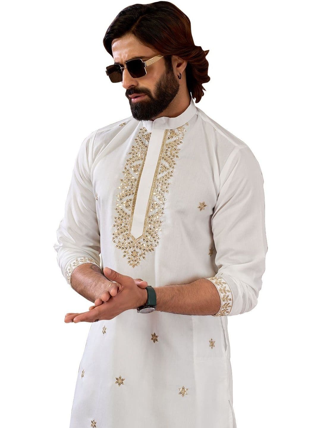 House of Pataudi Embroidered Cotton Mandarin Collar Knee Length Straight Kurta thumbnail 3