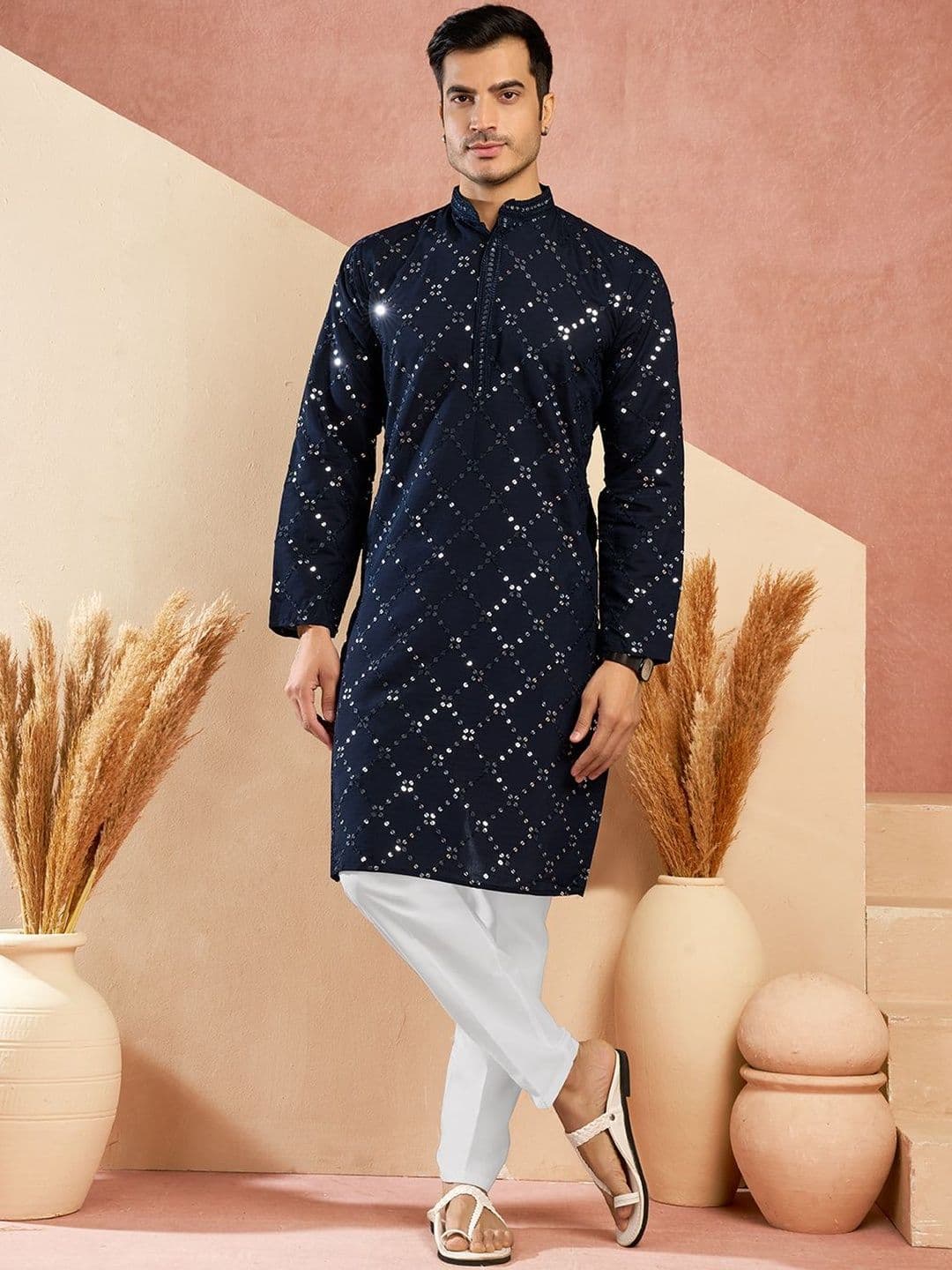 House of Pataudi Embroidered Cotton Mandarin Collar Knee Length Straight Kurta - view 1