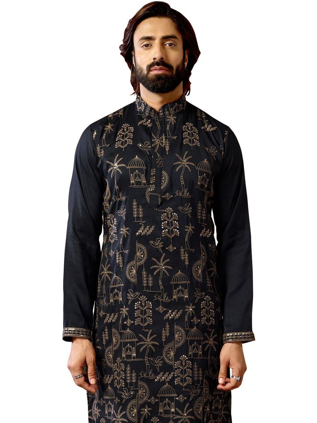 House of Pataudi Embroidered Cotton Mandarin Collar Knee Length Straight Kurtas thumbnail 3