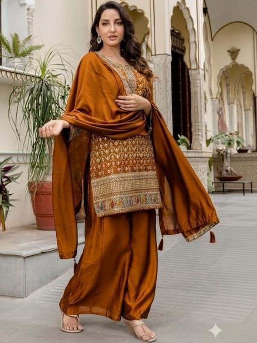 ZOEMIRA Women Ethnic Motifs Embroidered Regular Thread Work Kurta with Palazzos & With Dupatta thumbnail 6