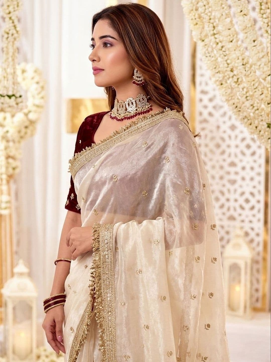 KALINI Embellished Zari Satin Heavy Work Saree thumbnail 3