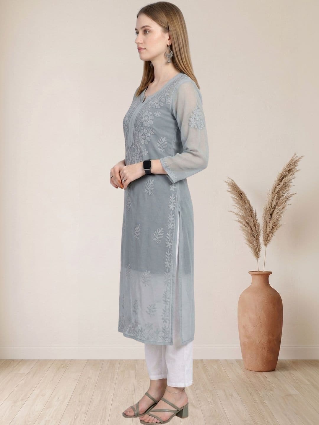 myplusfashion Women Ethnic Motifs Embroidered Chikankari Georgette Kurta thumbnail 6