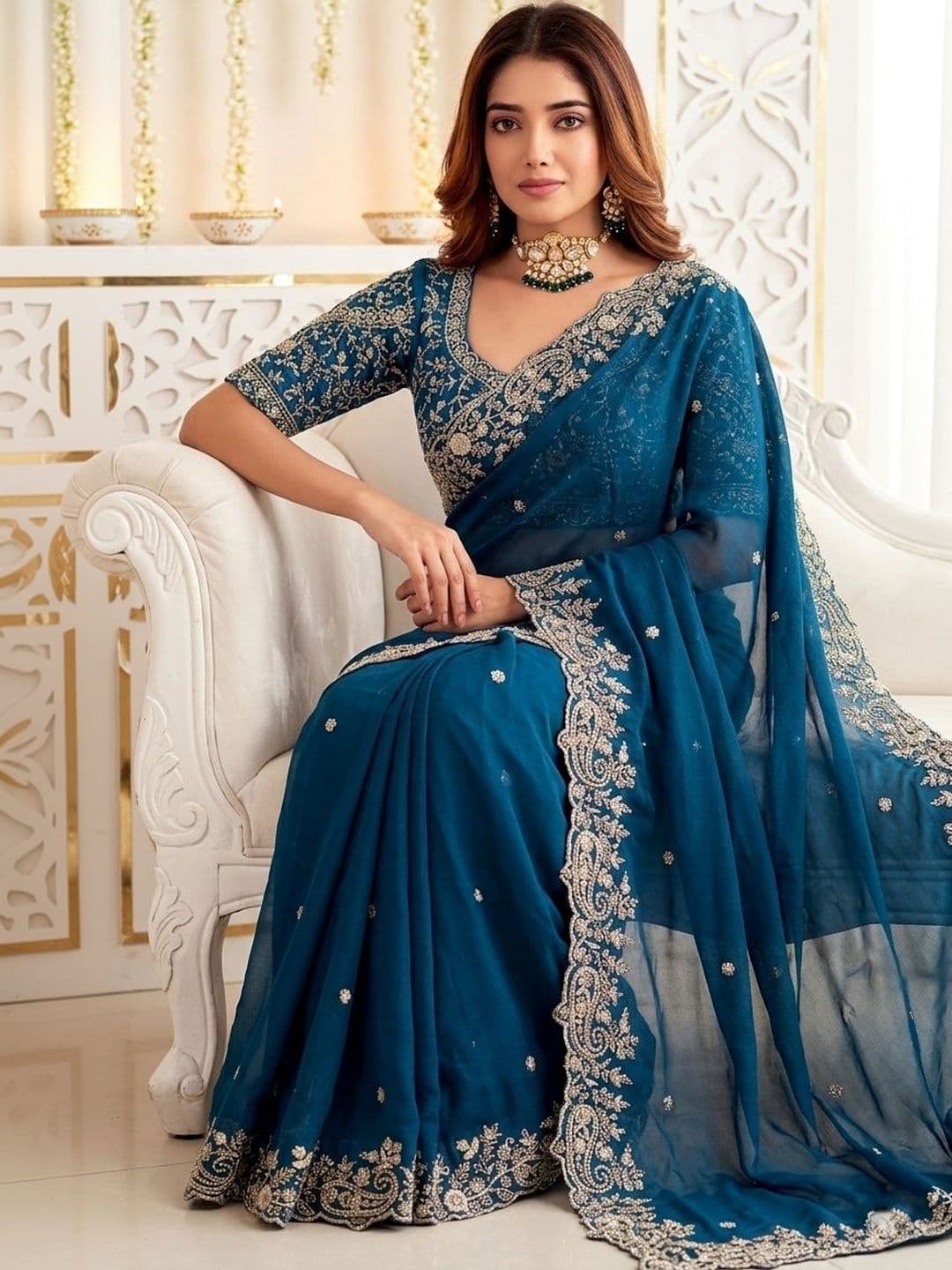KALINI Embellished Embroidered Poly Georgette Heavy Work Saree thumbnail 5