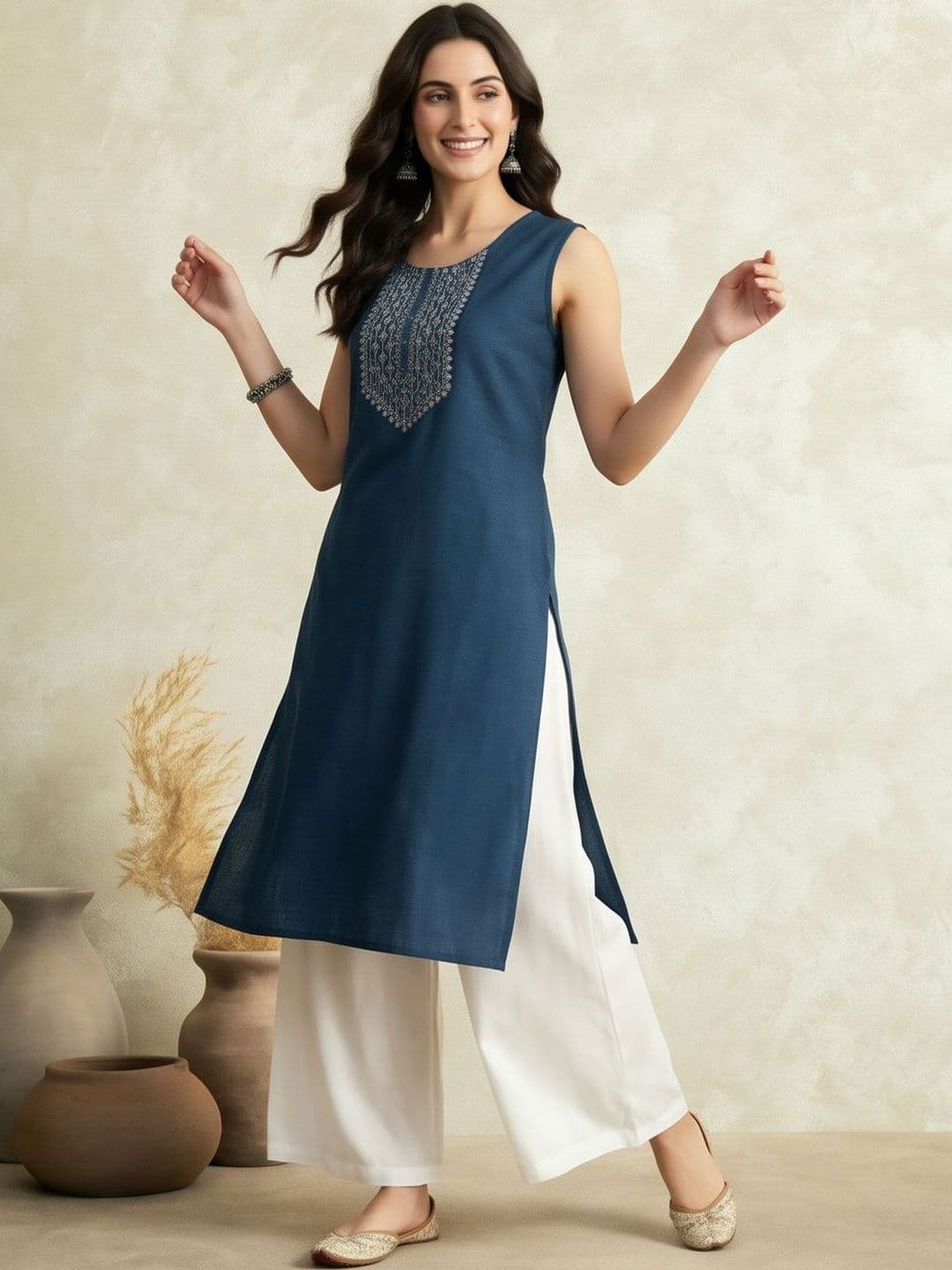 Jaipur Kurti Women Ethnic Motifs Embroidered Thread Work Indigo Kurta - view 1