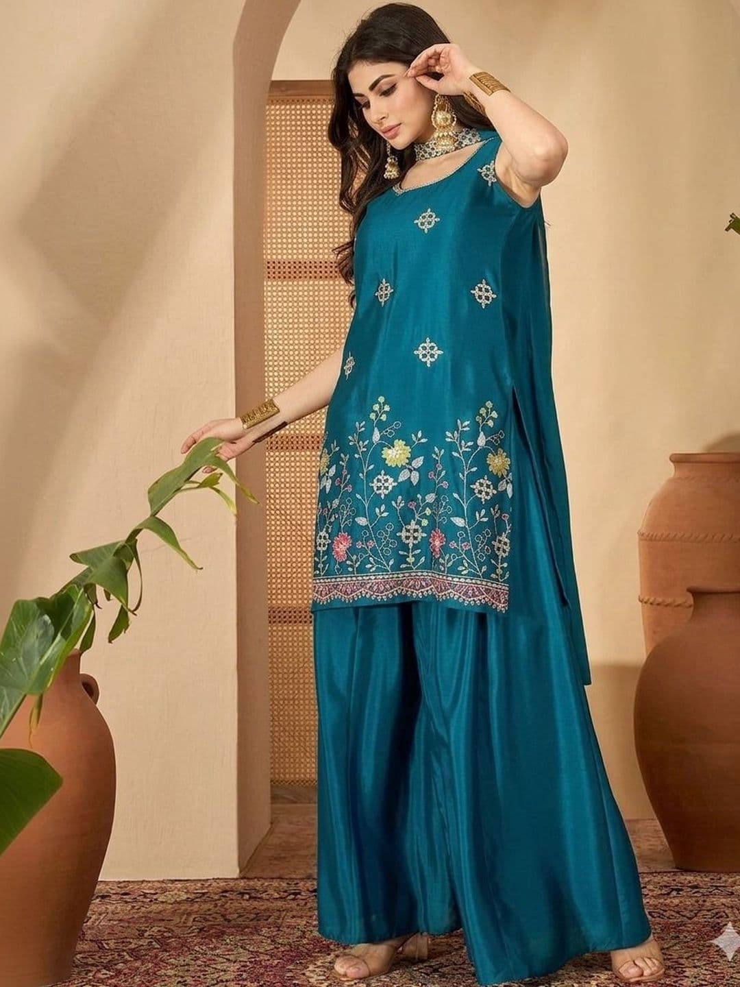 all about you Women Ethnic Motifs Embroidered Regular Thread Work Kurta with Sharara & With Dupatta thumbnail 4