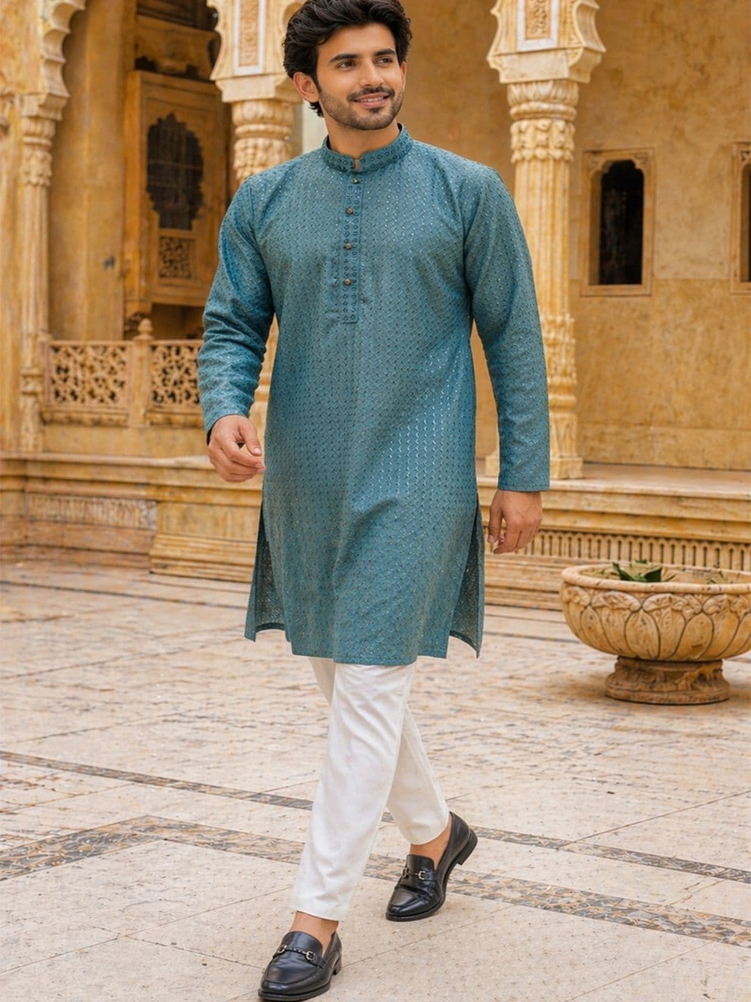 HERE&NOW Men Geometric Embroidered Chikankari Kurta - view 1