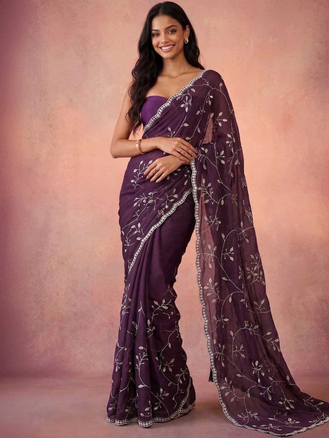 DRIP CHOWK Woven Design Embroidered Pure Chiffon Saree thumbnail 3
