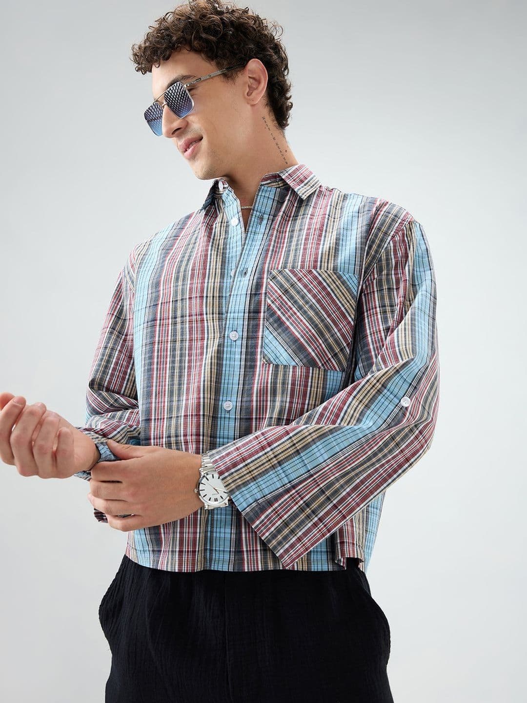 VASTRADO Multi Stripe Fusion Checks Cuffless Oversized Crop Shirt thumbnail 5