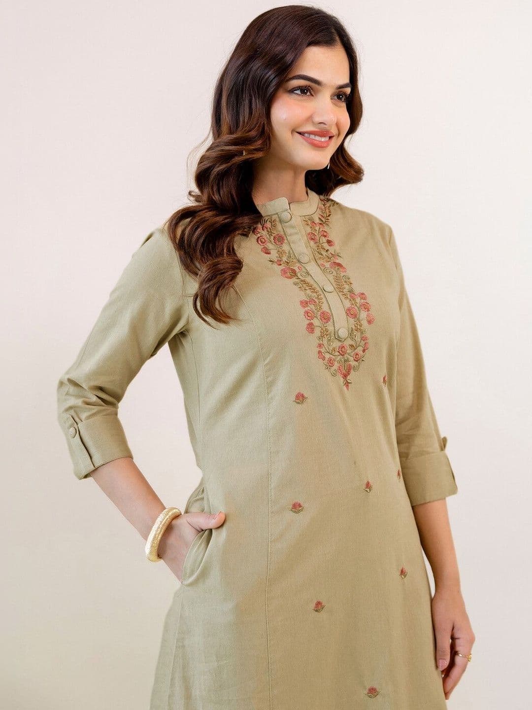 SKYLEE Embroidered Beige Viscose Rayon Co Ords for Women thumbnail 4