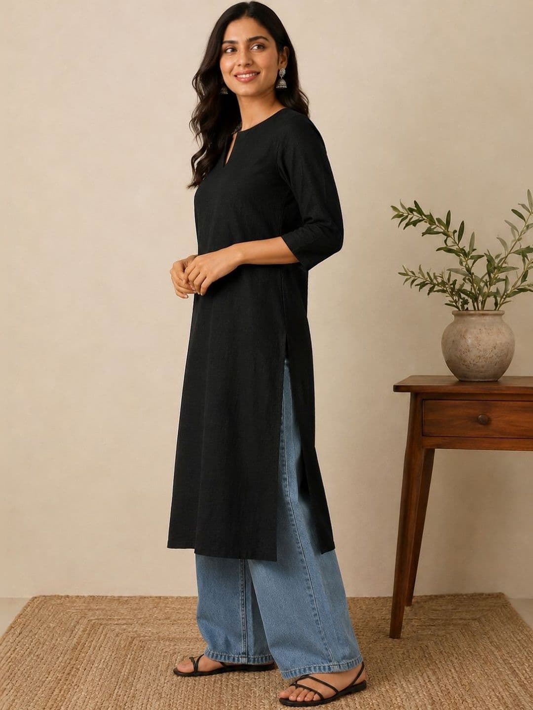 swingal Women Black Pure Cotton Solid Straight Kurta thumbnail 6