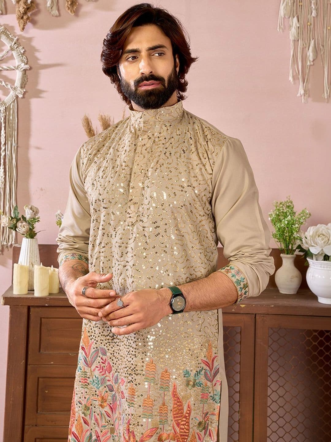 House of Pataudi Men Embroidered Cotton Mandarin Collar Straight Kurtas thumbnail 2