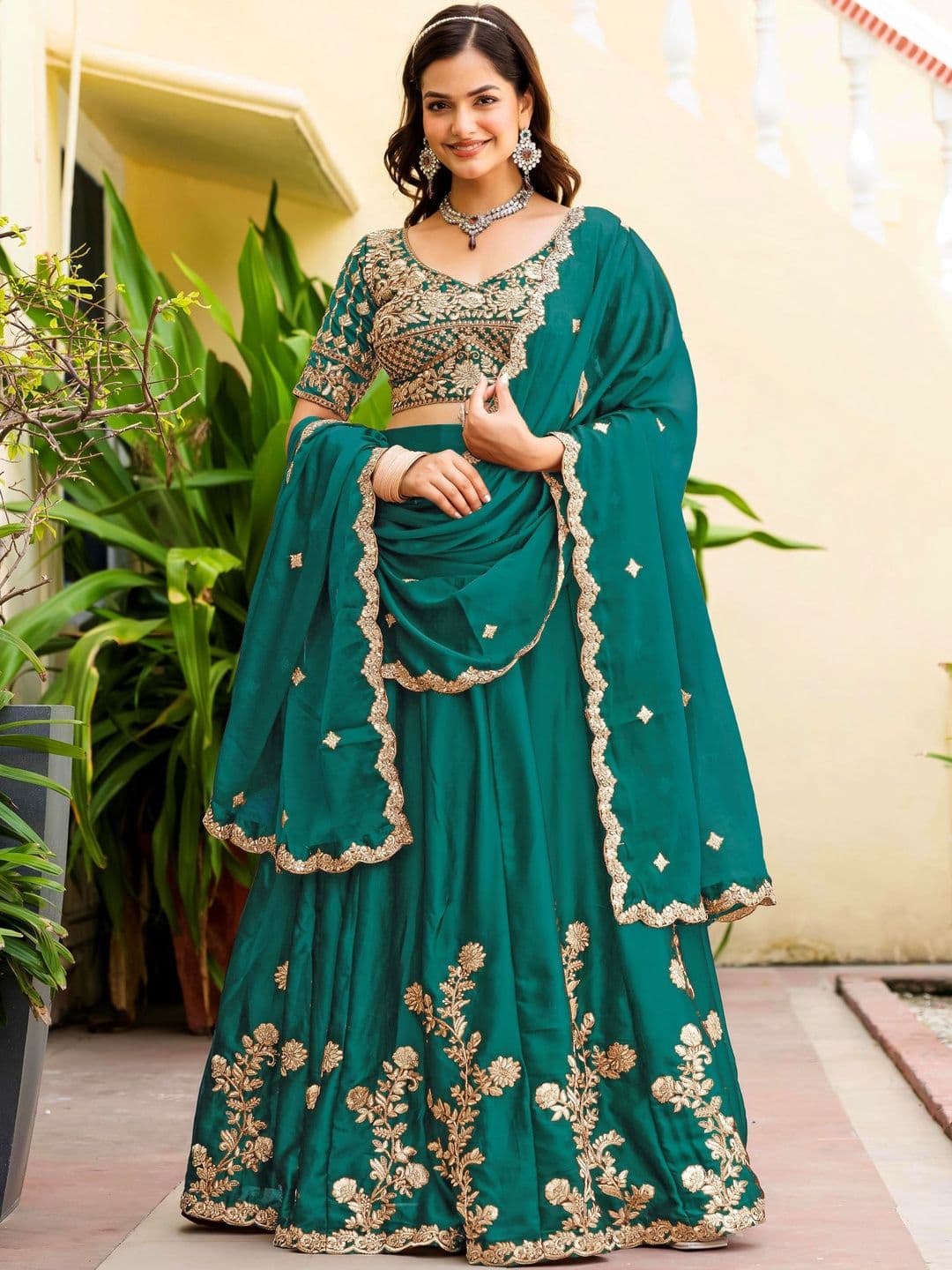 JIHU CULTURE Embroidered Thread Work Semi-Stitched Lehenga & Blouse With Dupatta thumbnail 3